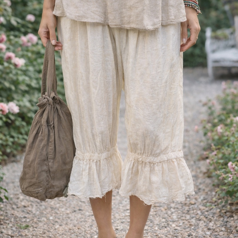 Magnolia Pearl Cream Ruffle Hem Cropped Linen Pants